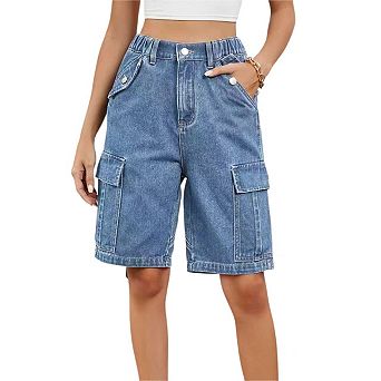 Women Bermuda Cargo Shorts Summer Casual Knee Length 6 Pockets Elastic Waist Long Shorts with Tie