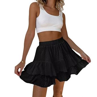 Women Boho Tiered Flowy Shorts Tiered Skorts High Waisted A Line Ruffle Dot Solid Color Mini Skirt