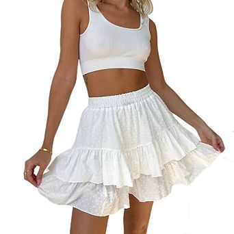 Women Boho Tiered Flowy Shorts Tiered Skorts High Waisted A Line Ruffle Dot Solid Color Mini Skirt
