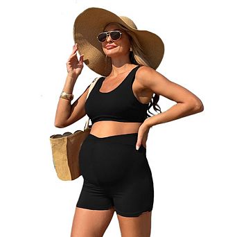 Women's Maternity High-Waisted Swimsuit Solid Color Two Piece Bathing Suit Swimwear