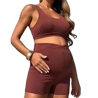 Women's Maternity High-Waisted Swimsuit Solid Color Two Piece Bathing Suit Swimwear
