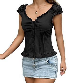 Women's Woodear Edge Trim Short Sleeve Ruffled with Button Details Y2K Casual Slim Fit Shirt Tops