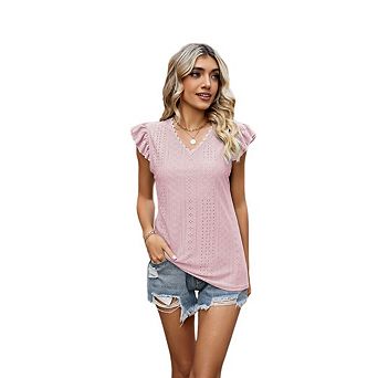 Women's Tops Summer Ruffle Short Sleeve V Neck Eyelet T Shirt Slim Fitted Blouse