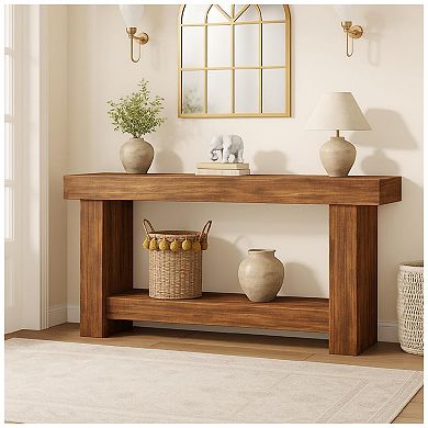Wooden Farmhouse Console Table for Entryway Large 2-Tier Sofa Table with Storage for Living Room