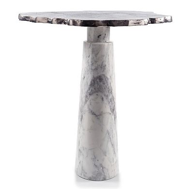 HomeRoots 22" Silver and White Aluminum and Marble Pedestal End Table