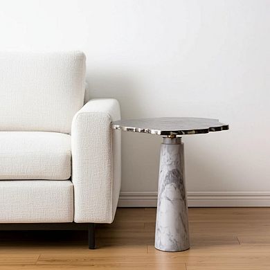 HomeRoots 22" Silver and White Aluminum and Marble Pedestal End Table