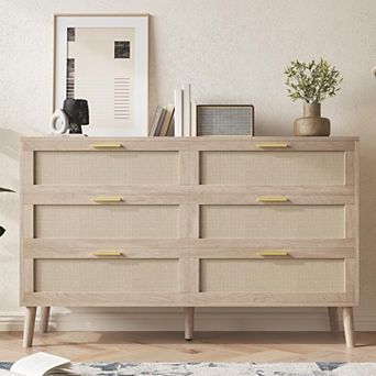 6 Drawer Rattan Dresser, 47.2" x 15.7" x 29.5" Rattan Chest of Dressers, Mid Century Modern Dresser