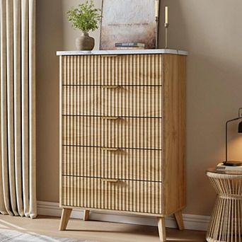 5 Drawers Dresser for Bedroom, 47.2" Tall Dressers with Curved Profile Design, Fluted Wood Drawers