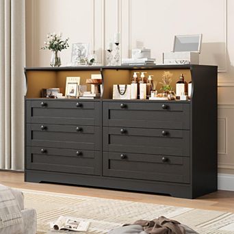 6-Drawer Dresser for Bedroom, Wood Dresser with Built-in Charging Station, Adjustable RGB Light