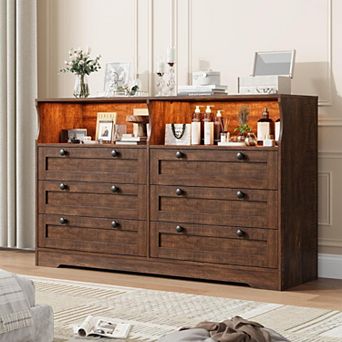 6-Drawer Dresser for Bedroom, Wood Dresser with Built-in Charging Station, Adjustable RGB Light