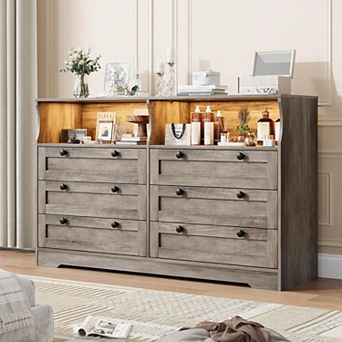 6-Drawer Dresser for Bedroom, Wood Dresser with Built-in Charging Station, Adjustable RGB Light