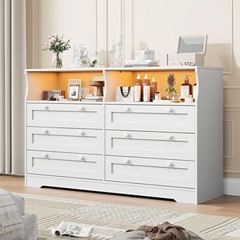 6-Drawer Dresser for Bedroom, Wood Dresser with Built-in Charging Station, Adjustable RGB Light