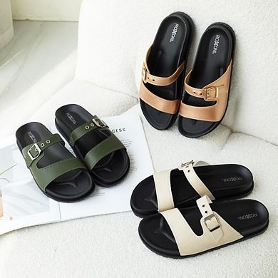 Roxoni Women’s Comfort Flat Sandals Adjustable Buckle Open-Toe Slides