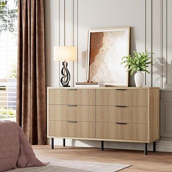 Modern Fluted 6 Drawer Dresser for Bedroom, Wide Chest of Drawers with Metal Handles and Legs