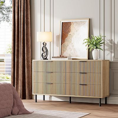 Modern Fluted 6 Drawer Dresser for Bedroom, Wide Chest of Drawers with Metal  Handles and Legs