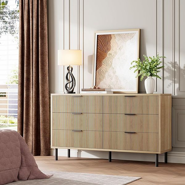Modern Fluted 6 Drawer Dresser for Bedroom, Wide Chest of Drawers with  Metal Handles and Legs