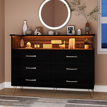 6 Drawer Dressers for Bedroom,Dresser with LED Lights & Power Outlet, 6-Drawer Wooden Chest