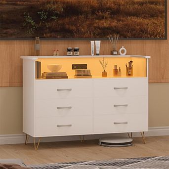 6 Drawer Dressers for Bedroom,Dresser with LED Lights & Power Outlet, 6-Drawer Wooden Chest
