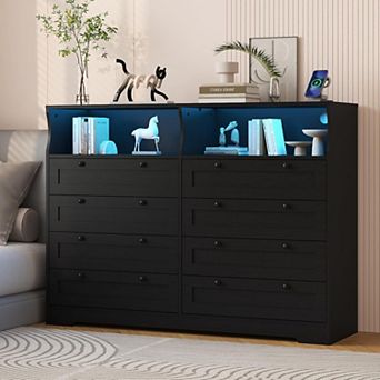 8 Drawers Wooden Dressers with LED Lights and Power Outlet for Bedroom, Large Modern Wood Dresser
