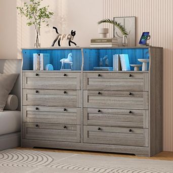 8 Drawers Wooden Dressers with LED Lights and Power Outlet for Bedroom, Large Modern Wood Dresser