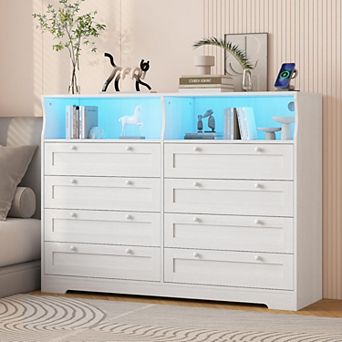 8 Drawers Wooden Dressers with LED Lights and Power Outlet for Bedroom, Large Modern Wood Dresser
