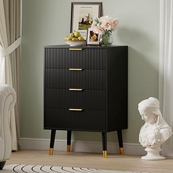 Fluted 4 Drawer Dresser, Large Modern Nightstand Cabinet with Gold Metal Handles, End Table Wood