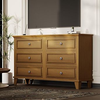 6 Drawer Dresser, Wooden Storage Chest of Drawers with Exquisite Metal Handles, Large Wide Dresser