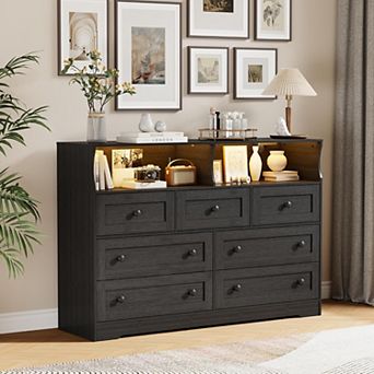 7 Drawer Dresser for Bedroom with LED Lights, Wooden Chest of Drawers with 2 Open Compartments
