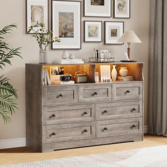 7 Drawer Dresser for Bedroom with LED Lights, Wooden Chest of Drawers with 2 Open Compartments