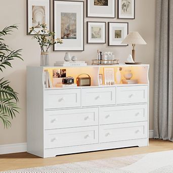 7 Drawer Dresser for Bedroom with LED Lights, Wooden Chest of Drawers with 2 Open Compartments