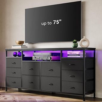 63" Dresser with 10 Fabric Drawers, Wide Dresser TV Stand with Built-in USB Ports & LED Lighting