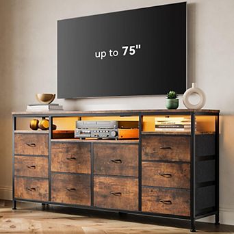 63" Dresser with 10 Fabric Drawers, Wide Dresser TV Stand with Built-in USB Ports & LED Lighting