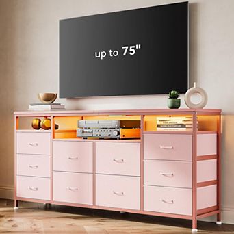 63" Dresser with 10 Fabric Drawers, Wide Dresser TV Stand with Built-in USB Ports & LED Lighting