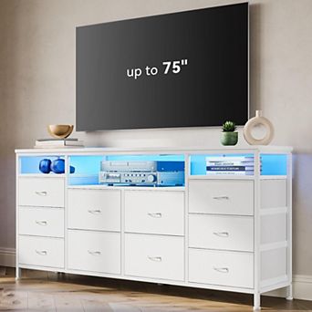 63" Dresser with 10 Fabric Drawers, Wide Dresser TV Stand with Built-in USB Ports & LED Lighting