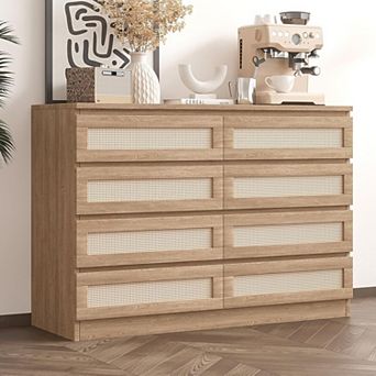 Rattan Dresser for Bedroom with 8 Drawers, 47" Wide Chest of Drawers, Oak Furniture Large Storage