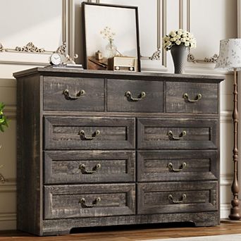 Dresser for Bedroom, 47.2" Wide Retro Style 9-Drawer Dresser, Multifunctional Chest of Drawers