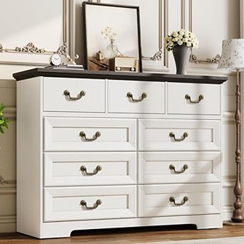 Dresser for Bedroom, 47.2" Wide Retro Style 9-Drawer Dresser, Multifunctional Chest of Drawers