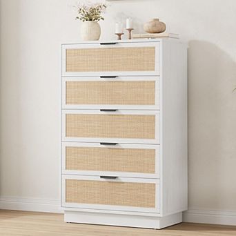 5 Drawer Rattan Dresser for Bedroom, Integrated Cabinet Body & Legs Design, Wooden Chest of Drawers