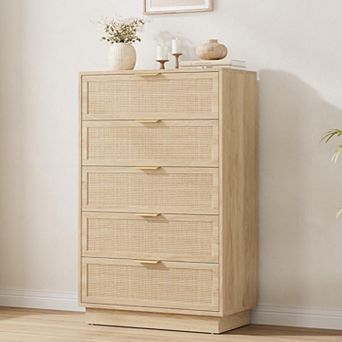 5 Drawer Rattan Dresser for Bedroom, Integrated Cabinet Body & Legs Design, Wooden Chest of Drawers