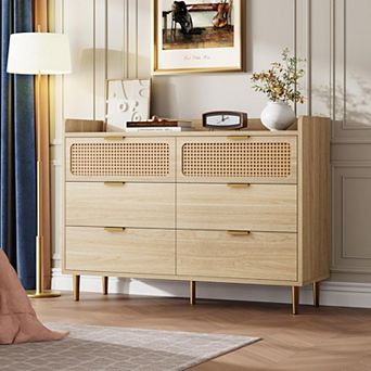 6 Drawer Double Dresser for Bedroom, 47" Wide Modern Chest of Drawers, Wooden Storage Rattan