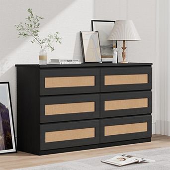Rattan Dresser for Bedroom, 6 Drawer Double Dresser for Bedroom, Modern Small Chest of Drawers