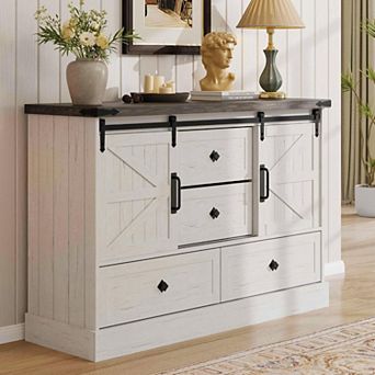 Farmhouse 4 Drawer Dresser for Bedroom, 45" Wood Dressers with Sliding Barn Doors, TV Stand