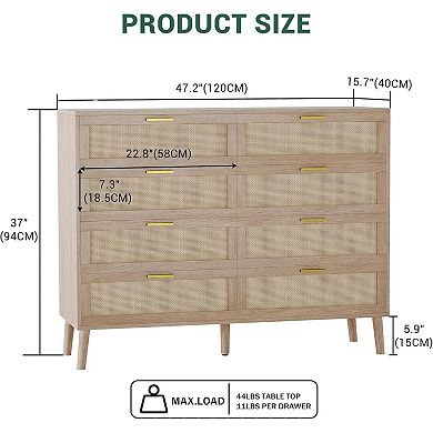 8 Drawer Dresser, Natural Rattan Dresser for Bedroom with 5 Strong Legs ...