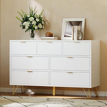 7 Drawer Dresser, 47.2 in Wide Modern White Dresser for Bedroom, Wooden Chest of Drawer with Gold