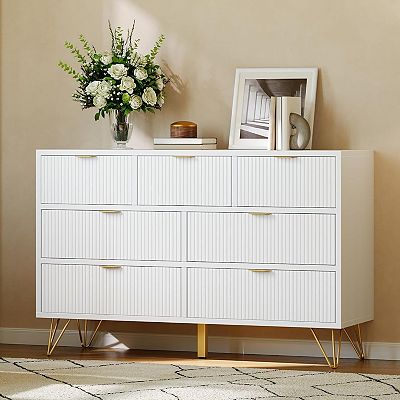 7 Drawer Dresser, 47.2 in Wide Modern White Dresser for Bedroom, Wooden  Chest of Drawer with Gold
