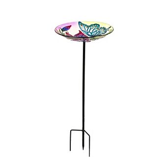 Glass Floral Birdbath Garden Stake Outdoor Decor