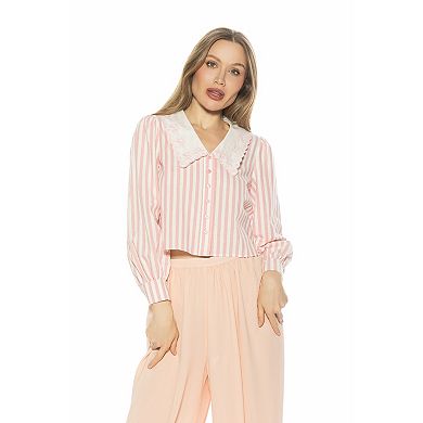 Women's ALEXIA ADMOR Lace Collared Long Sleeve Cotton Blouse