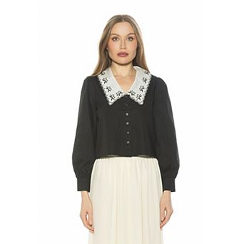 Women's ALEXIA ADMOR Lace Collared Long Sleeve Cotton Blouse