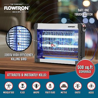 Flowtron Indoor Bug Zapper with 500 Sq Ft Coverage, 3000V Power, LED Lamp, Shock Grid & 8W Bulbs