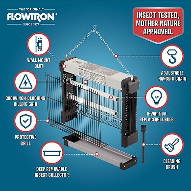 Flowtron Indoor Bug Zapper with 500 Sq Ft Coverage, 3000V Power, LED Lamp, Shock Grid & 8W Bulbs